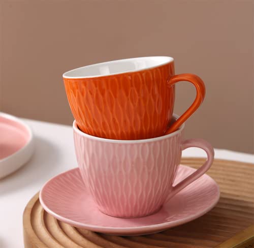 WAIT FLY Retro Embossed Ceramic Coffee Mug Set with Saucer, Tea Cup, Breakfast cup, Dessert Plate-Orange-6 OZ