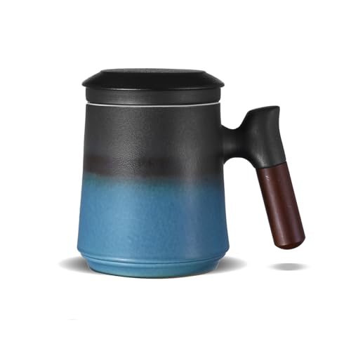 ZENS Tea Cup with Infuser and Lid, 14.5oz Gradient Blue Tea Mug for Loose Leaf Tea Steeper, Wood Handle Tea Cup with Fine Tea Strainers for Hot Tea Diffusers Tea Accessories for Tea Lovers Gifts