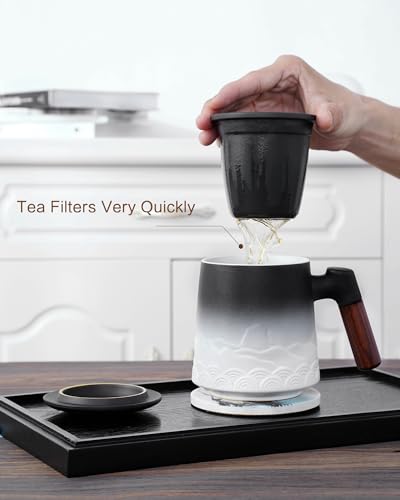 ZENS Tea Mug with Infuser and Lid for Loose Leaf Tea Steeper, 16.9oz Embossed Ceramic Tea Cup with Tea Strainers and Absorb Coaster, Wood Handle Large Tea Diffusers Mugs for Tea Lovers Gifts