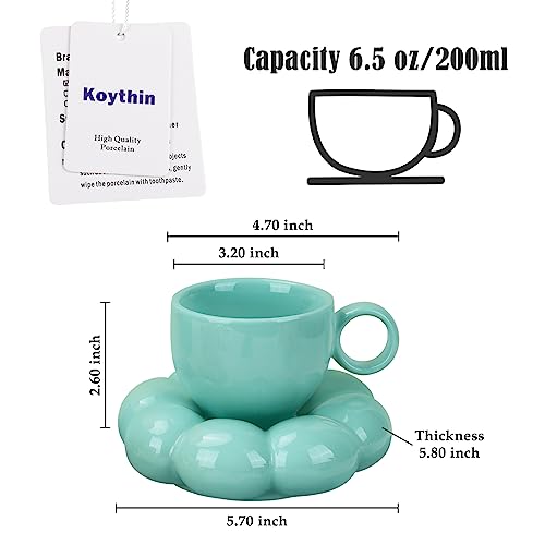Koythin Ceramic Coffee Mug with Saucer Set, Creative Cute Cup with Sunflower Coaster for Office and Home, Dishwasher and Microwave Safe, 6.5 oz/200 ml for Tea Latte Milk (Blue-green)