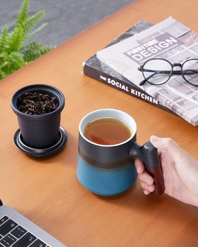 ZENS Tea Cup with Infuser and Lid, 14.5oz Gradient Blue Tea Mug for Loose Leaf Tea Steeper, Wood Handle Tea Cup with Fine Tea Strainers for Hot Tea Diffusers Tea Accessories for Tea Lovers Gifts