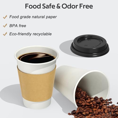 Dealusy 100 Pack 12 oz Disposable Coffee Cups with Lids and Sleeves, Sturdy Thick Paper & Leak-free Insulated to Go Coffee Cups with Lids, Paper Hot Coffee Cups with Sip Lids for Hot & Cold Beverage