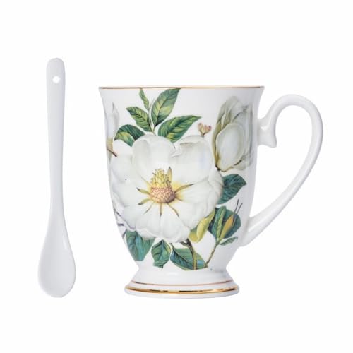 YX-SHMA Ceramic Tea Cup with Spoon, Fine Bone China Tea Cup,Gifts for Women Mom Teacher,Suitable for Milk, Cold Drinks,Hot Drinks, Coffee, Fruit Juice (kapok)