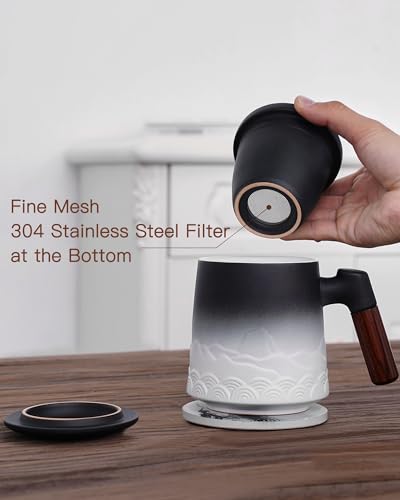 ZENS Tea Mug with Infuser and Lid for Loose Leaf Tea Steeper, 16.9oz Embossed Ceramic Tea Cup with Tea Strainers and Absorb Coaster, Wood Handle Large Tea Diffusers Mugs for Tea Lovers Gifts