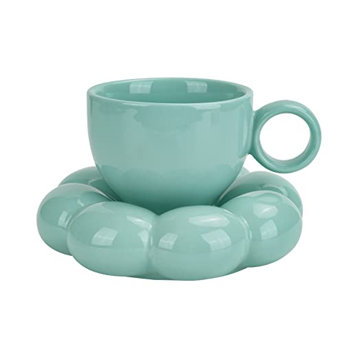 Koythin Ceramic Coffee Mug with Saucer Set, Creative Cute Cup with Sunflower Coaster for Office and Home, Dishwasher and Microwave Safe, 6.5 oz/200 ml for Tea Latte Milk (Blue-green)