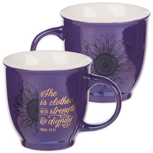 Christian Art Gifts Purple Sunflower Ceramic Coffee Mug – 14 oz. Microwave & Dishwasher-safe Inspirational Scripture Coffee and Tea Mug for Women with Bible Verse: Strength & Dignity – Proverbs 31:25