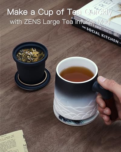 ZENS Tea Mug with Infuser and Lid for Loose Leaf Tea Steeper, 16.9oz Embossed Ceramic Tea Cup with Tea Strainers and Absorb Coaster, Wood Handle Large Tea Diffusers Mugs for Tea Lovers Gifts