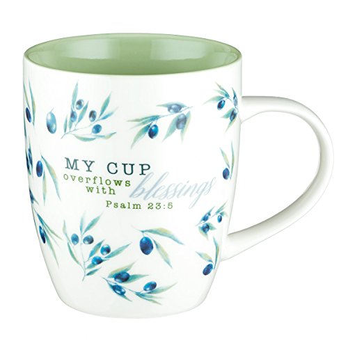Christian Art Gifts Ceramic Coffee Mug with Olive Branch – 13 oz. Microwave-safe Inspirational Scripture Coffee & Tea Mug for Men & Women with Bible Verse: My Cup Overflows with Blessings –Psalms 23:5