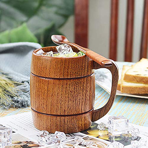 Wooden Beer Mugs,Top Grade Natural Handmade Retro Brown Drinkware with Handle for Drinking Tea Coffee Wine Beer Hot Drinks,500 ML Cup for Men/Women