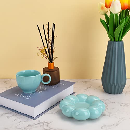 Koythin Ceramic Coffee Mug with Saucer Set, Creative Cute Cup with Sunflower Coaster for Office and Home, Dishwasher and Microwave Safe, 6.5 oz/200 ml for Tea Latte Milk (Blue-green)