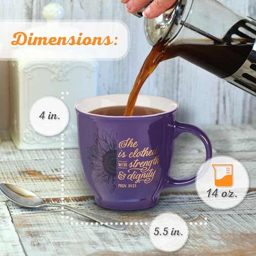 Christian Art Gifts Purple Sunflower Ceramic Coffee Mug – 14 oz. Microwave & Dishwasher-safe Inspirational Scripture Coffee and Tea Mug for Women with Bible Verse: Strength & Dignity – Proverbs 31:25