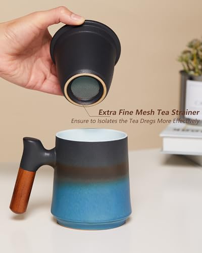 ZENS Tea Cup with Infuser and Lid, 14.5oz Gradient Blue Tea Mug for Loose Leaf Tea Steeper, Wood Handle Tea Cup with Fine Tea Strainers for Hot Tea Diffusers Tea Accessories for Tea Lovers Gifts