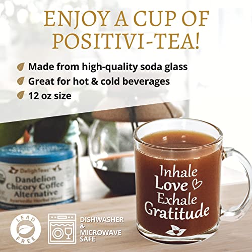 DelighTeas Inspirational Coffee/Tea Mug | 12oz Glass Cup with Handle | Positive Vibes Cup, Great Gift for Coffee Lovers, Tea Lovers, Family and Friends | White Gift Box Included