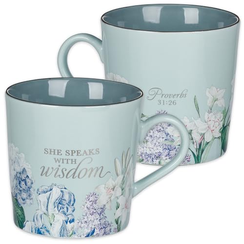 Christian Art Gifts Blue Floral Ceramic Coffee Mug – 14 oz. Lead & Cadmium-free, Non-toxic Inspirational Scripture Coffee and Tea Mug for Women with Bible Verse: She Speaks with Wisdom –Proverbs 31:26