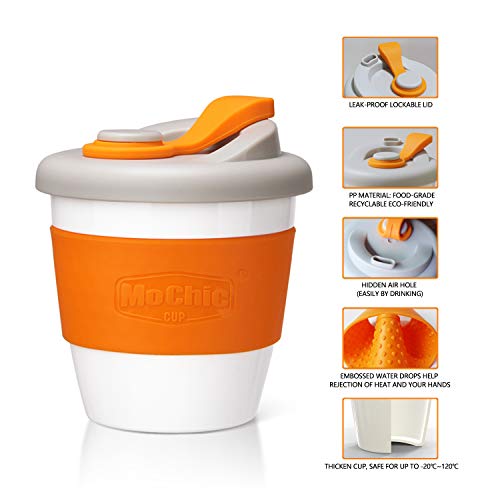 MOCHIC CUP Reusable Coffee Cup with Lid Portable Travel Mug with Non-Slip Sleeve BPA Free Dishwasher and Microwave Safe Friendly Coffee Mug (Orange,8oz)