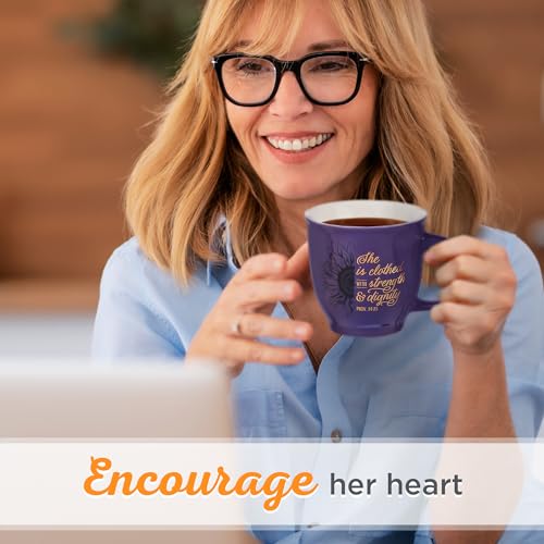 Christian Art Gifts Purple Sunflower Ceramic Coffee Mug – 14 oz. Microwave & Dishwasher-safe Inspirational Scripture Coffee and Tea Mug for Women with Bible Verse: Strength & Dignity – Proverbs 31:25