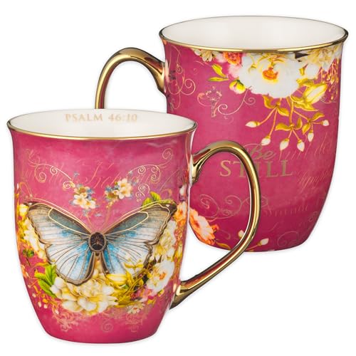 Christian Art Gifts Pink Butterfly Ceramic Coffee Mug with Gold Accents – 14 oz. Lead and Cadmium-free Inspirational Scripture Coffee and Tea Mug for Women with Bible Verse: Be Still – Psalm 46:10