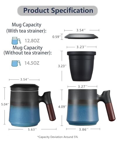 ZENS Tea Cup with Infuser and Lid, 14.5oz Gradient Blue Tea Mug for Loose Leaf Tea Steeper, Wood Handle Tea Cup with Fine Tea Strainers for Hot Tea Diffusers Tea Accessories for Tea Lovers Gifts