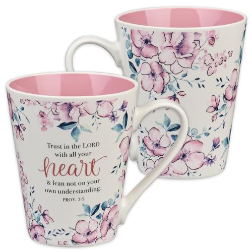 Christian Art Gifts Floral Pink Ceramic Coffee Mug – 14 oz. Lead and Cadmium-free Non-Toxic Inspirational Scripture Coffee and Tea Mug for Women with Bible Verse: Trust In The Lord – Proverbs 3:5