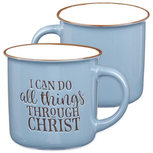 Christian Art Gifts Blue Camp Style Ceramic Coffee Mug – 13 oz. Microwave and Dishwasher Safe Inspirational Scripture Coffee & Tea Mug with Bible Verse: I Can Do All Things Through Christ – Phil. 4:13