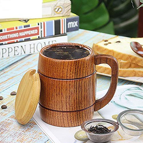 Wooden Beer Mugs,Top Grade Natural Handmade Retro Brown Drinkware with Handle for Drinking Tea Coffee Wine Beer Hot Drinks,500 ML Cup for Men/Women