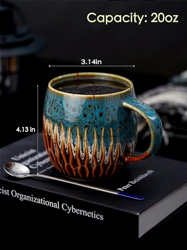 Homesthetix 20 oz Big Coffee Mugs, Handmade Pottery Coffee Mug with Unique and Artistic Design, Extra Large Ceramic Tea Cup with Wide Handle, Pretty Color Patterns and Microwave Dishwasher Safe (Blue)