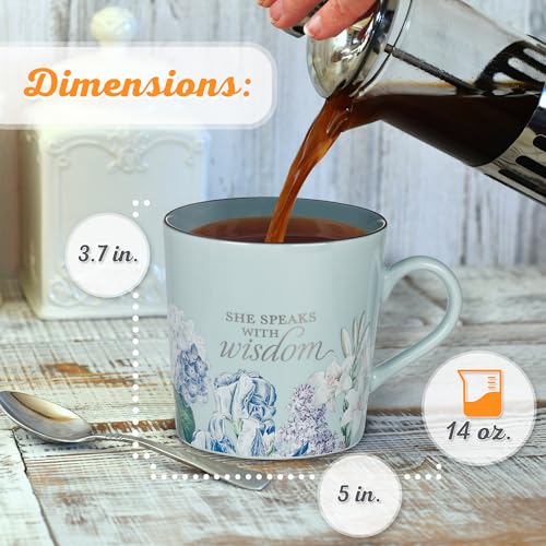 Christian Art Gifts Blue Floral Ceramic Coffee Mug – 14 oz. Lead & Cadmium-free, Non-toxic Inspirational Scripture Coffee and Tea Mug for Women with Bible Verse: She Speaks with Wisdom –Proverbs 31:26