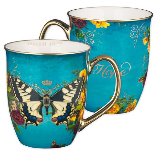 Christian Art Gifts Teal Butterfly Ceramic Coffee Mug with Gold Accents – 14 oz. Lead & Cadmium-free Inspirational Scripture Coffee and Tea Mug for Women & Men with Bible Verse: Hope – Isaiah 40:31