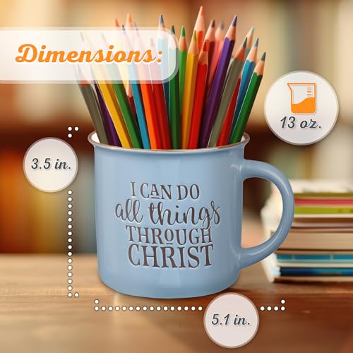 Christian Art Gifts Blue Camp Style Ceramic Coffee Mug – 13 oz. Microwave and Dishwasher Safe Inspirational Scripture Coffee & Tea Mug with Bible Verse: I Can Do All Things Through Christ – Phil. 4:13