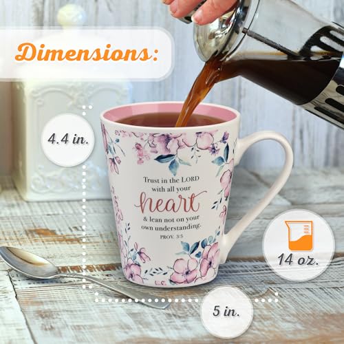 Christian Art Gifts Floral Pink Ceramic Coffee Mug – 14 oz. Lead and Cadmium-free Non-Toxic Inspirational Scripture Coffee and Tea Mug for Women with Bible Verse: Trust In The Lord – Proverbs 3:5