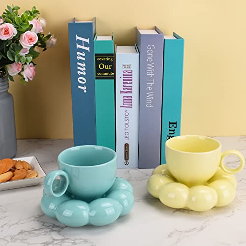 Koythin Ceramic Coffee Mug with Saucer Set, Creative Cute Cup with Sunflower Coaster for Office and Home, Dishwasher and Microwave Safe, 6.5 oz/200 ml for Tea Latte Milk (Blue-green)