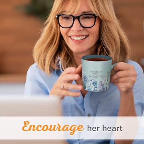 Christian Art Gifts Blue Floral Ceramic Coffee Mug – 14 oz. Lead & Cadmium-free, Non-toxic Inspirational Scripture Coffee and Tea Mug for Women with Bible Verse: She Speaks with Wisdom –Proverbs 31:26