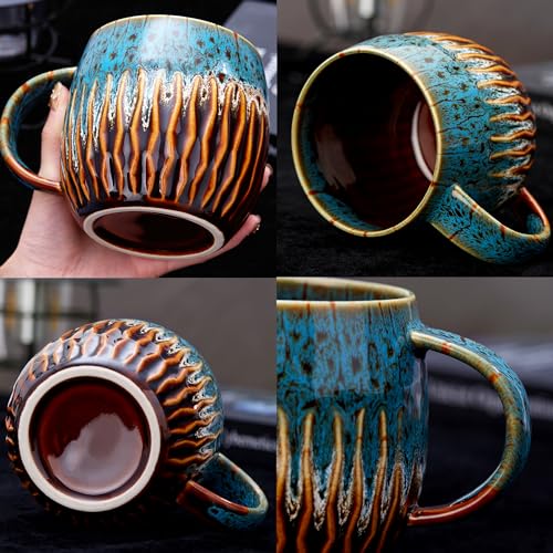Homesthetix 20 oz Big Coffee Mugs, Handmade Pottery Coffee Mug with Unique and Artistic Design, Extra Large Ceramic Tea Cup with Wide Handle, Pretty Color Patterns and Microwave Dishwasher Safe (Blue)