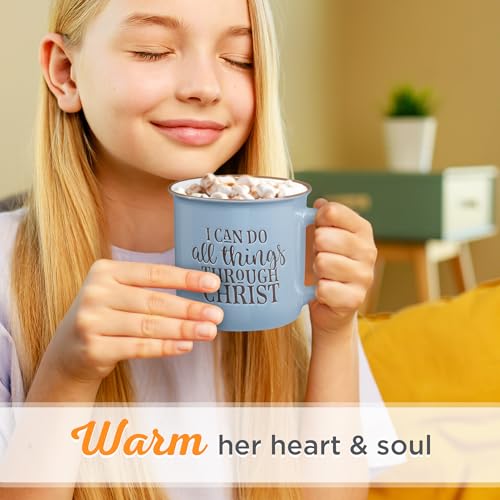 Christian Art Gifts Blue Camp Style Ceramic Coffee Mug – 13 oz. Microwave and Dishwasher Safe Inspirational Scripture Coffee & Tea Mug with Bible Verse: I Can Do All Things Through Christ – Phil. 4:13