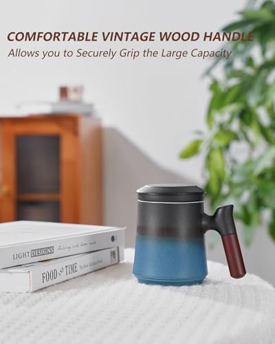 ZENS Tea Cup with Infuser and Lid, 14.5oz Gradient Blue Tea Mug for Loose Leaf Tea Steeper, Wood Handle Tea Cup with Fine Tea Strainers for Hot Tea Diffusers Tea Accessories for Tea Lovers Gifts