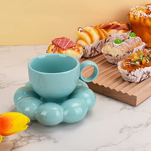 Koythin Ceramic Coffee Mug with Saucer Set, Creative Cute Cup with Sunflower Coaster for Office and Home, Dishwasher and Microwave Safe, 6.5 oz/200 ml for Tea Latte Milk (Blue-green)