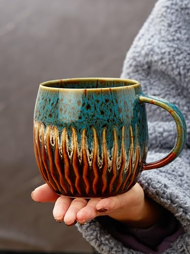 Homesthetix 20 oz Big Coffee Mugs, Handmade Pottery Coffee Mug with Unique and Artistic Design, Extra Large Ceramic Tea Cup with Wide Handle, Pretty Color Patterns and Microwave Dishwasher Safe (Blue)
