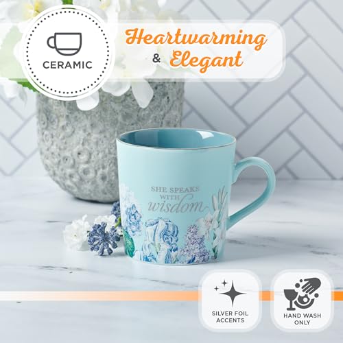 Christian Art Gifts Blue Floral Ceramic Coffee Mug – 14 oz. Lead & Cadmium-free, Non-toxic Inspirational Scripture Coffee and Tea Mug for Women with Bible Verse: She Speaks with Wisdom –Proverbs 31:26