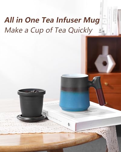 ZENS Tea Cup with Infuser and Lid, 14.5oz Gradient Blue Tea Mug for Loose Leaf Tea Steeper, Wood Handle Tea Cup with Fine Tea Strainers for Hot Tea Diffusers Tea Accessories for Tea Lovers Gifts