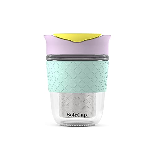 SoleCup. Travel Mug Loose Tea Infuser - Detachable Tea Strainer with Spillproof Lid - BPA-Free Reusable Glass Travel Coffee Cup with Silicone Band (Ice-Cream)