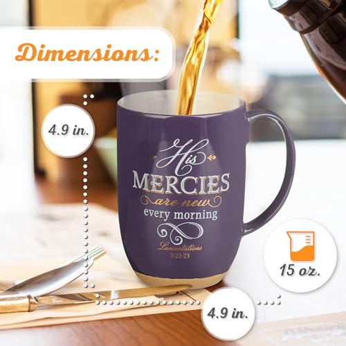 Christian Art Gifts Ceramic Scripture Coffee & Tea Mug Large 15 oz Inspirational Bible Verse Mug for Women: His Mercies are New - Lam. 3:22 Lead-free w/Clay Base & Gold Accents, Purple/White