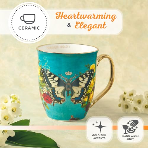 Christian Art Gifts Teal Butterfly Ceramic Coffee Mug with Gold Accents – 14 oz. Lead & Cadmium-free Inspirational Scripture Coffee and Tea Mug for Women & Men with Bible Verse: Hope – Isaiah 40:31
