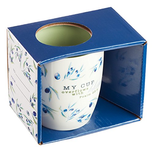 Christian Art Gifts Ceramic Coffee Mug with Olive Branch – 13 oz. Microwave-safe Inspirational Scripture Coffee & Tea Mug for Men & Women with Bible Verse: My Cup Overflows with Blessings –Psalms 23:5