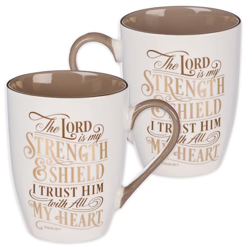Christian Art Gifts Caramel Brown Ceramic Coffee Mug – 12 oz. Lead and Cadmium-free Inspirational Scripture Coffee and Tea Mug for Men and Women with Bible Verse: The Lord is My Strength – Psalm 28:7