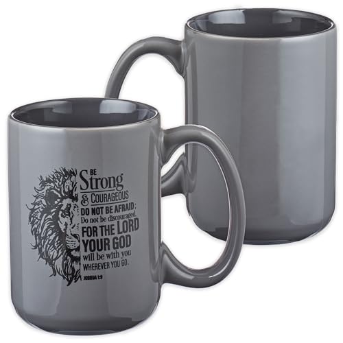 Christian Art Gifts Lion Gray Ceramic Coffee Mug – 14 oz. Microwave and Dishwasher-safe Inspirational Scripture Coffee and Tea Mug for Men and Women with Bible Verse: Strong & Courageous – Joshua 1:9