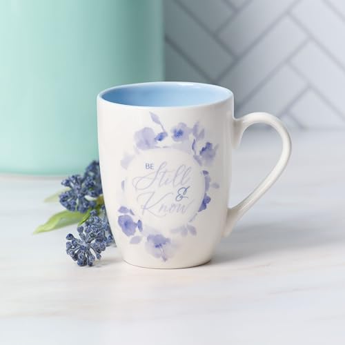Christian Art Gifts Inspirational Ceramic Coffee & Tea Scripture Mug for Women: Be Still & Know Encouraging Bible Verse Cup, Microwave & Dishwasher Safe, Non-toxic, White, Blue & Purple Floral, 12 oz.