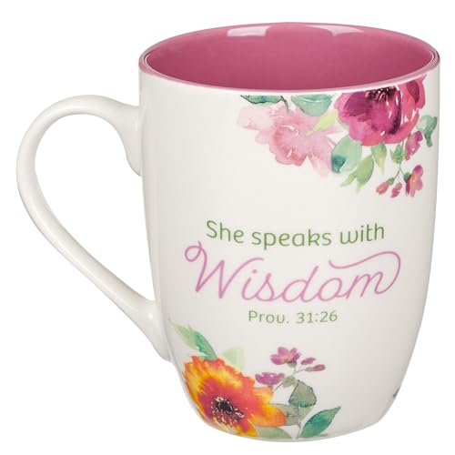 Christian Art Gifts Inspirational Ceramic Coffee & Tea Scripture Mug for Women: She Speaks with Wisdom Bible Verse, Microwave & Dishwasher Safe Drinkware, Multicolor Floral, White & Dark Pink, 12 oz.