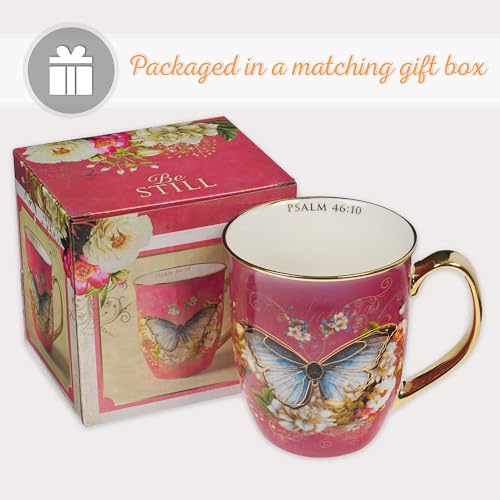 Christian Art Gifts Pink Butterfly Ceramic Coffee Mug with Gold Accents – 14 oz. Lead and Cadmium-free Inspirational Scripture Coffee and Tea Mug for Women with Bible Verse: Be Still – Psalm 46:10