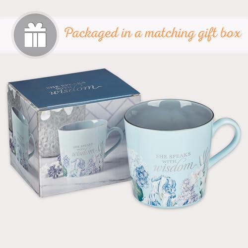 Christian Art Gifts Blue Floral Ceramic Coffee Mug – 14 oz. Lead & Cadmium-free, Non-toxic Inspirational Scripture Coffee and Tea Mug for Women with Bible Verse: She Speaks with Wisdom –Proverbs 31:26