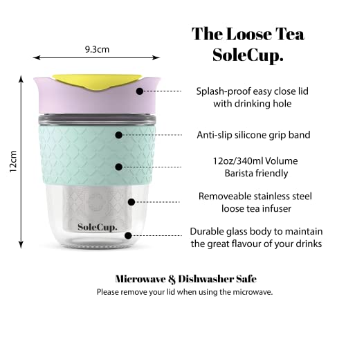 SoleCup. Travel Mug Loose Tea Infuser - Detachable Tea Strainer with Spillproof Lid - BPA-Free Reusable Glass Travel Coffee Cup with Silicone Band (Ice-Cream)